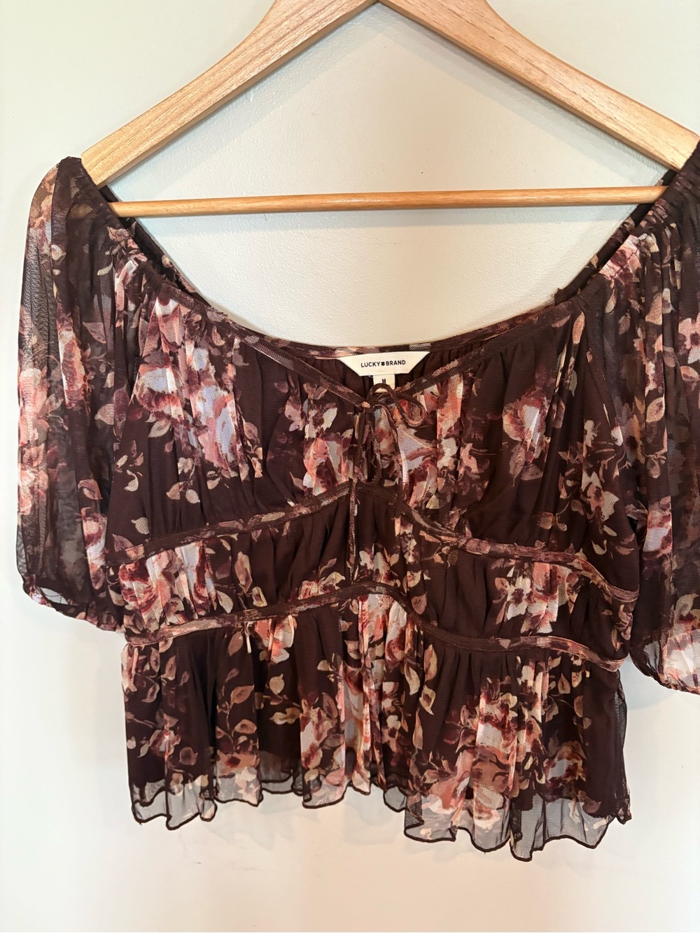 Lucky Brand Dark Brown Floral Off-Shoulder Ruffled Blouse
